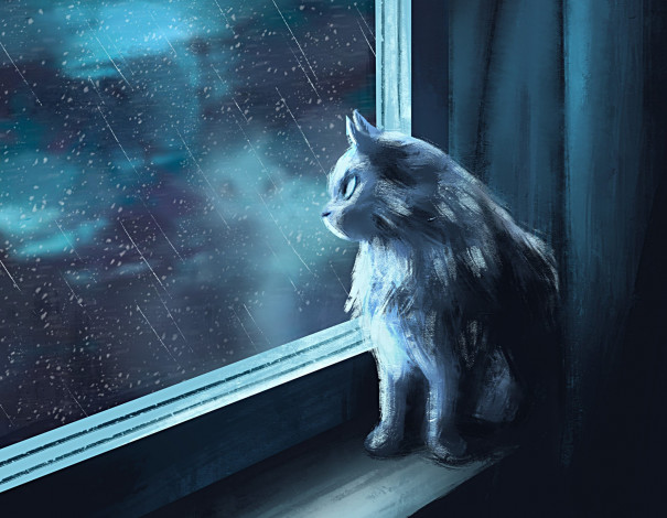 Обои картинки фото рисованное, животные,  коты, дождь, интерьер, кошка