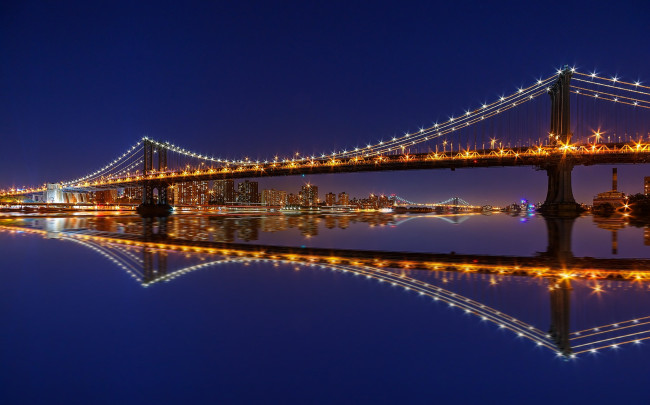 Обои картинки фото manhattan bridge,  new york, города, нью-йорк , сша, панорама, ночь, небоскребы