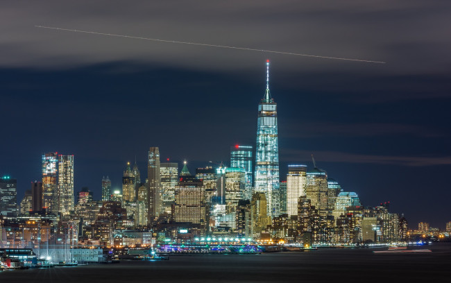 Обои картинки фото manhattan,  new york, города, нью-йорк , сша, небоскребы, ночь, панорама