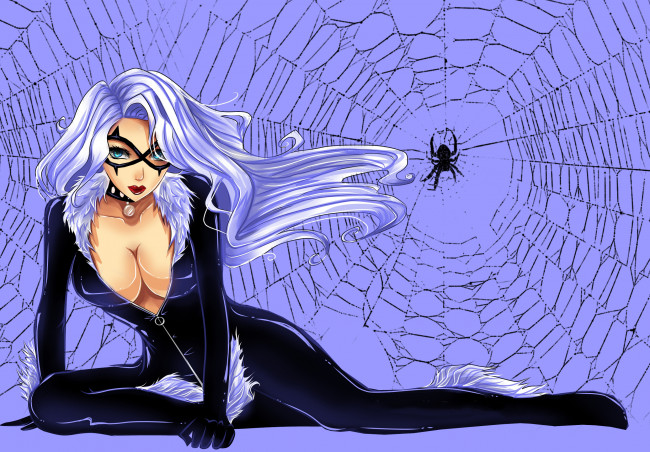 Обои картинки фото рисованное, комиксы, униформа, фон, девушка, взгляд, паук, паутина