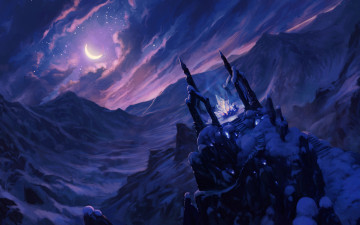 Картинка фэнтези пейзажи холод небо кристалл облака снег горы ночь луна арт