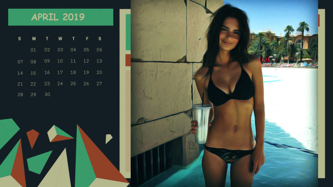 Обои картинки фото календари, компьютерный дизайн, купальник, улыбка, стакан, взгляд, девушка