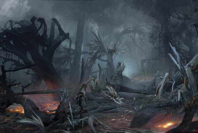 Обои картинки фото видео игры, horizon zero dawn, лес, пожар, девочка, разруха