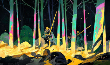 Картинка фэнтези люди рыцари мечи лес