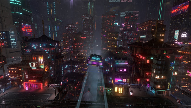 Обои картинки фото видео игры, cloudpunk, город, будущее, огни, дождь, машина