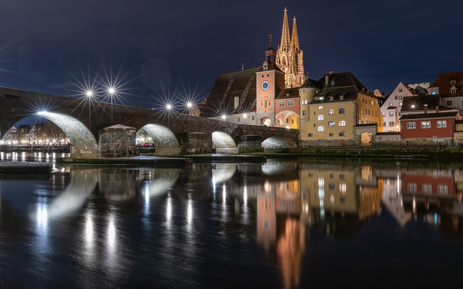 Обои картинки фото города, регенсбург , германия, река, мост, вечер, огни