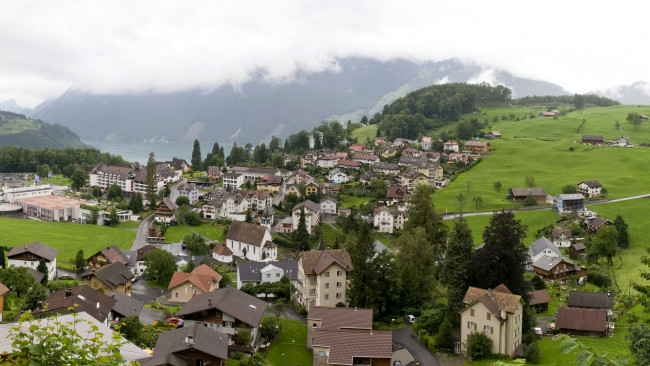 Обои картинки фото швейцария, швиц, моршах, города, панорамы, городок, горы