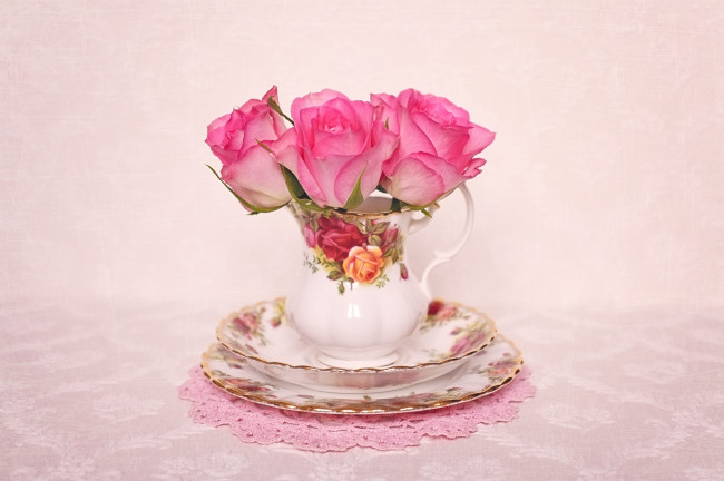 Обои картинки фото цветы, розы, чашка, трио