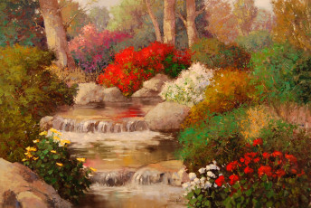 Картинка рисованное живопись ручеёк вода розы деревья цветы природа