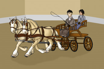 Картинка рисованное животные +лошади лошади люди тележка