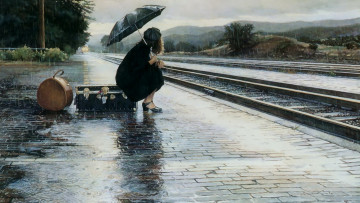 Картинка рисованное люди чемоданы рельсы девушка вокзал станция зонт платформа лужи дождь