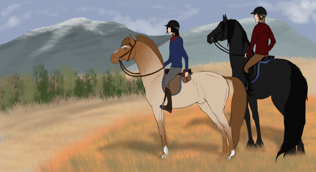 Обои картинки фото рисованное, животные,  лошади, лошади, всадники, лес, горы