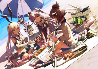 Картинка аниме kantai+collection пляж фон взгляд девушки зонтик