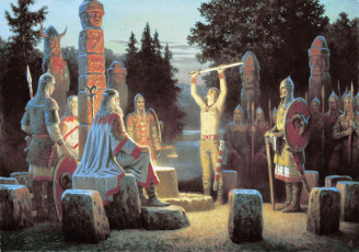 Картинка клятва+сварожича рисованное борис+ольшанский меч боги славяне ритуал река деревья воины камни идолы