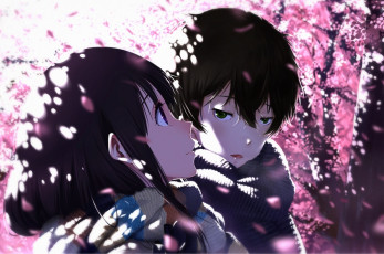 Картинка аниме hyouka шарф парень лепестки девушка oreki houtarou chitanda eru цветы сакура cici арт