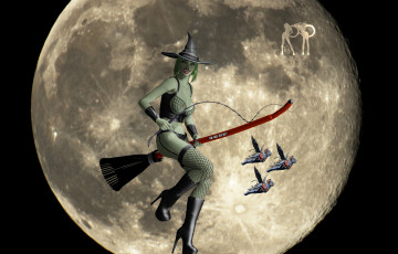 Картинка 3д+графика праздники+ holidays метла луна ведьма