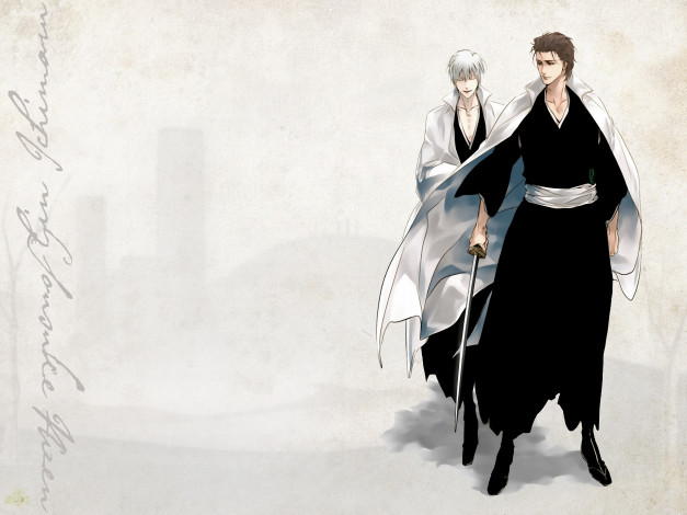 Обои картинки фото аниме, bleach, aizen, меч, sosuke, shinigami, ichimaru, gin