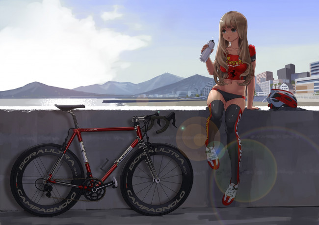 Обои картинки фото аниме, unknown,  другое, велосипед, фон, взгляд, девушка