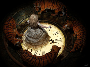 Картинка 3д+графика люди+и+животные+ people+and+animals блондинкa lee mccall белое пламя в темноте заклинание по кругу тигры колдунья art циферблат кружева