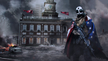 Картинка видео+игры homefront +the+revolution мужчина фон маска флаг автомат дом