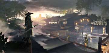 Картинка рисованное города воины город вечер огни