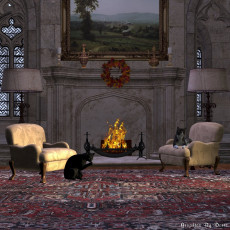 Картинка 3д графика realism реализм камин картина комната окна стулья кошки