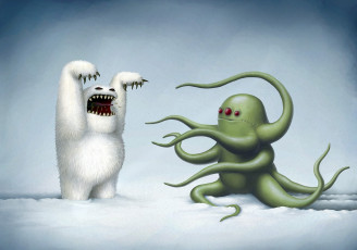 Картинка фэнтези существа монстры rob sheridan рисунок зима снег три глаза черный юмор пугают йети осьминог