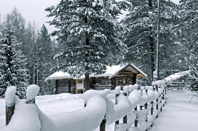 Обои картинки фото природа, зима, снег, лес, сугробы, дом, забор