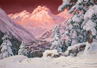Картинка рисованные alois arnegger горы снег закат розовый альпы елка домики зима
