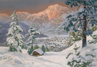 Картинка рисованные alois arnegger елка пейзаж зима альпы снег