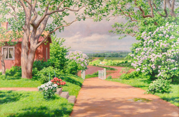 Картинка рисованные johan krouthen цветы кусты деревья дача сад дорожка забор калитка окно домик лето