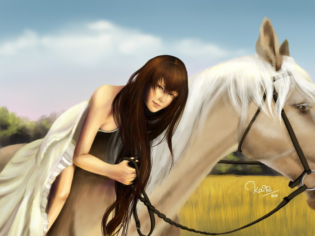 Обои картинки фото рисованные, люди, конь, белая, лошадь, девушка, платье, трава, поле