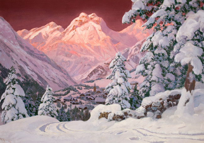 Обои картинки фото рисованные, alois, arnegger, горы, снег, закат, розовый, альпы, елка, домики, зима