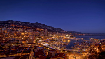 обоя города, монте-карло , монако, панорама, дома, деревья, ночь, огни, река