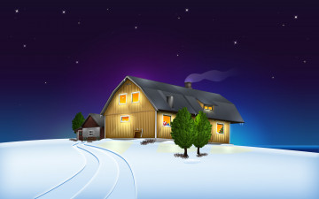 обоя векторная графика, снег, деревья, дом, звезды, небо, дорога
