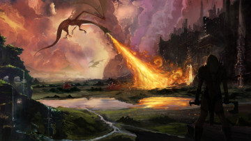 Картинка фэнтези драконы воин замок атака пламя дракон