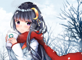 Картинка аниме зима +новый+год +рождество девушка взгляд фон
