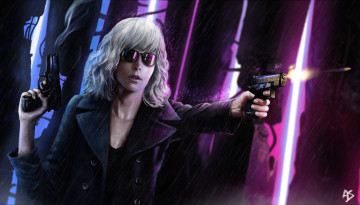 Картинка рисованное кино lorraine broughton дождь пистолет пуля atomic blonde девушка charlize theron