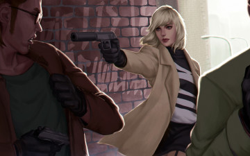 Картинка рисованное кино мужчины арт блондинка lorraine broughton atomic blonde девушка убийца глушитель charlize theron пистолет