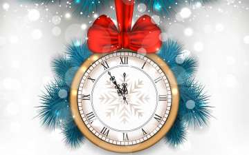 Картинка праздничные векторная+графика+ новый+год блики ёлка бант часы