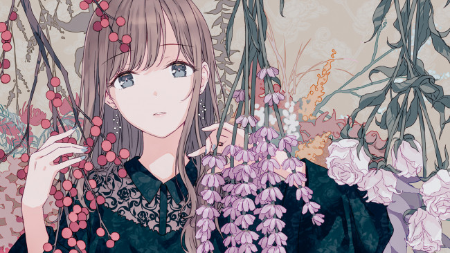 Обои картинки фото аниме, unknown,  другое , цветы, девочка
