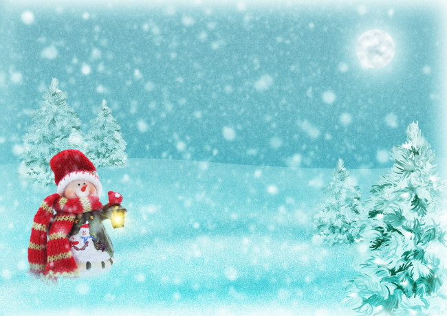 Обои картинки фото праздничные, векторная графика , новый год, снеговик, снежинки, снег, елки