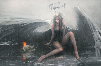 Картинка фэнтези ангелы крылья нимб фон дождь девушка