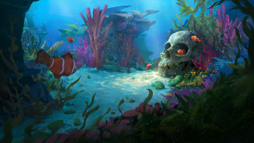 Картинка рисованное животные +рыбы череп рыбки фон вода