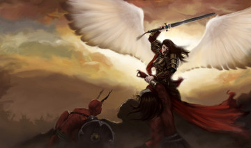 Картинка фэнтези ангелы демон меч крылья латы фон девушка