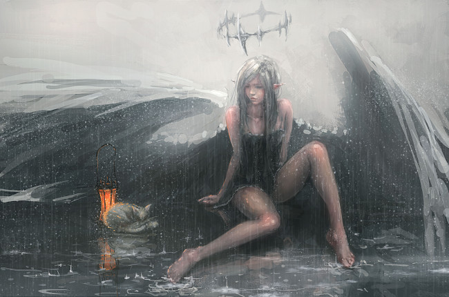 Обои картинки фото фэнтези, ангелы, крылья, нимб, фон, дождь, девушка