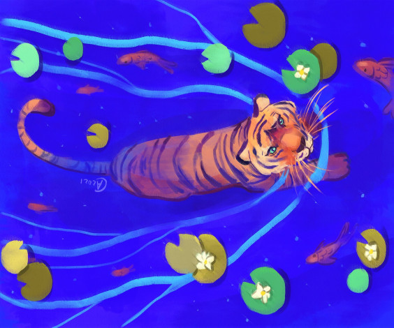 Обои картинки фото рисованное, животные,  тигры, тигр, озеро, кувшинки