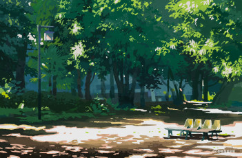 Картинка рисованное природа деревья фонарь сиденья парк