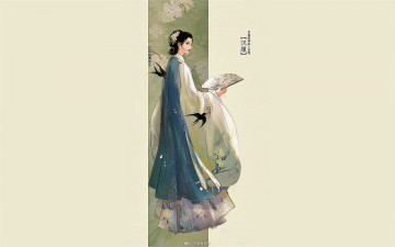 Картинка рисованное люди девушка веер ласточки