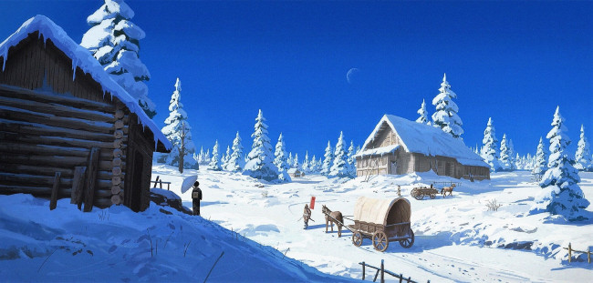 Обои картинки фото аниме, зима,  новый год,  рождество, дома, снег, люди, телеги